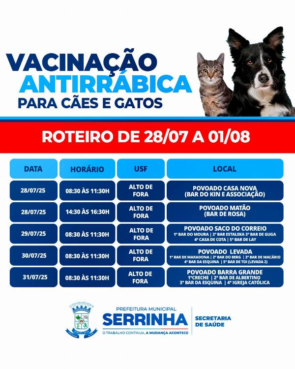 SERRINHA - Campanha de Vacinação Antirrábica chega à zona rural entre os dias 28/07 e 01/08