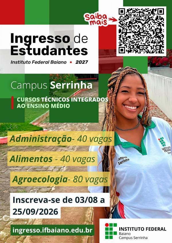 IF Baiano abre 160 vagas para cursos técnicos integrados no Campus Serrinha