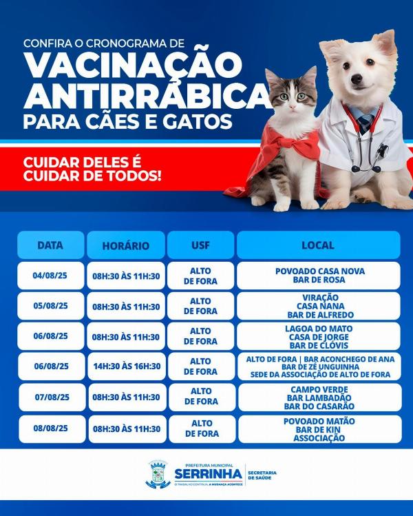 Prefeitura de Serrinha inicia campanha de vacinação antirrábica para cães e gatos: confira a programação da primeira semana